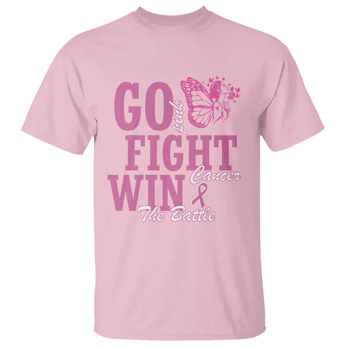 Breast Cancer Awareness T Shirt Go Pink Fight Cancer Win The Battle Pink Ribbon Butterfly - Wonder Print Shop