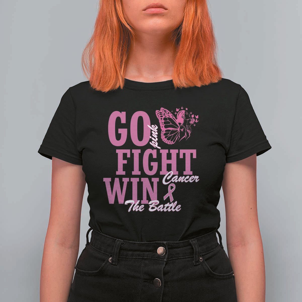 Breast Cancer Awareness T Shirt For Women Go Pink Fight Cancer Win The Battle Pink Ribbon Butterfly - Wonder Print Shop