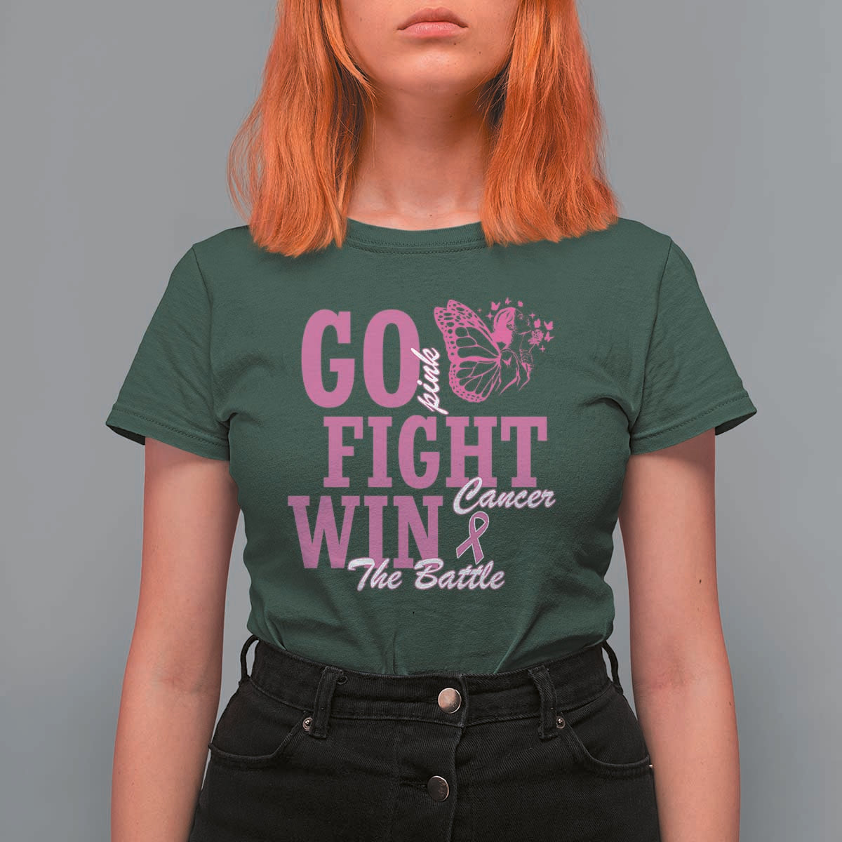 Breast Cancer Awareness T Shirt For Women Go Pink Fight Cancer Win The Battle Pink Ribbon Butterfly - Wonder Print Shop