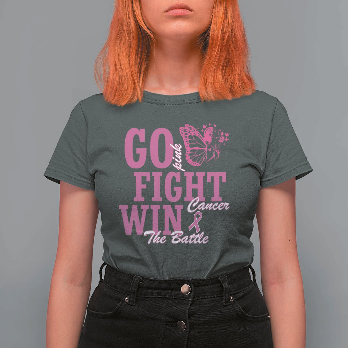 Breast Cancer Awareness T Shirt For Women Go Pink Fight Cancer Win The Battle Pink Ribbon Butterfly - Wonder Print Shop