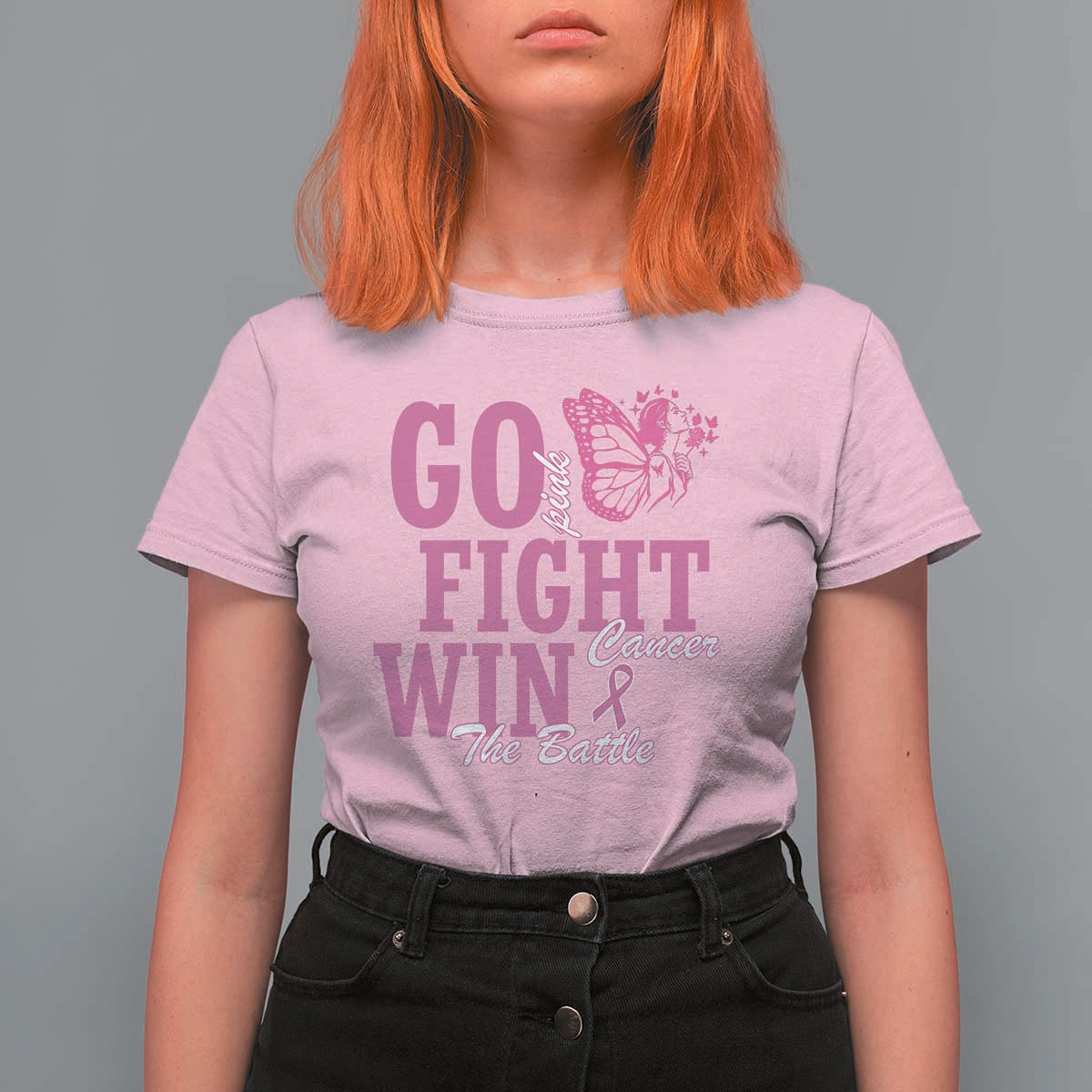 Breast Cancer Awareness T Shirt For Women Go Pink Fight Cancer Win The Battle Pink Ribbon Butterfly - Wonder Print Shop