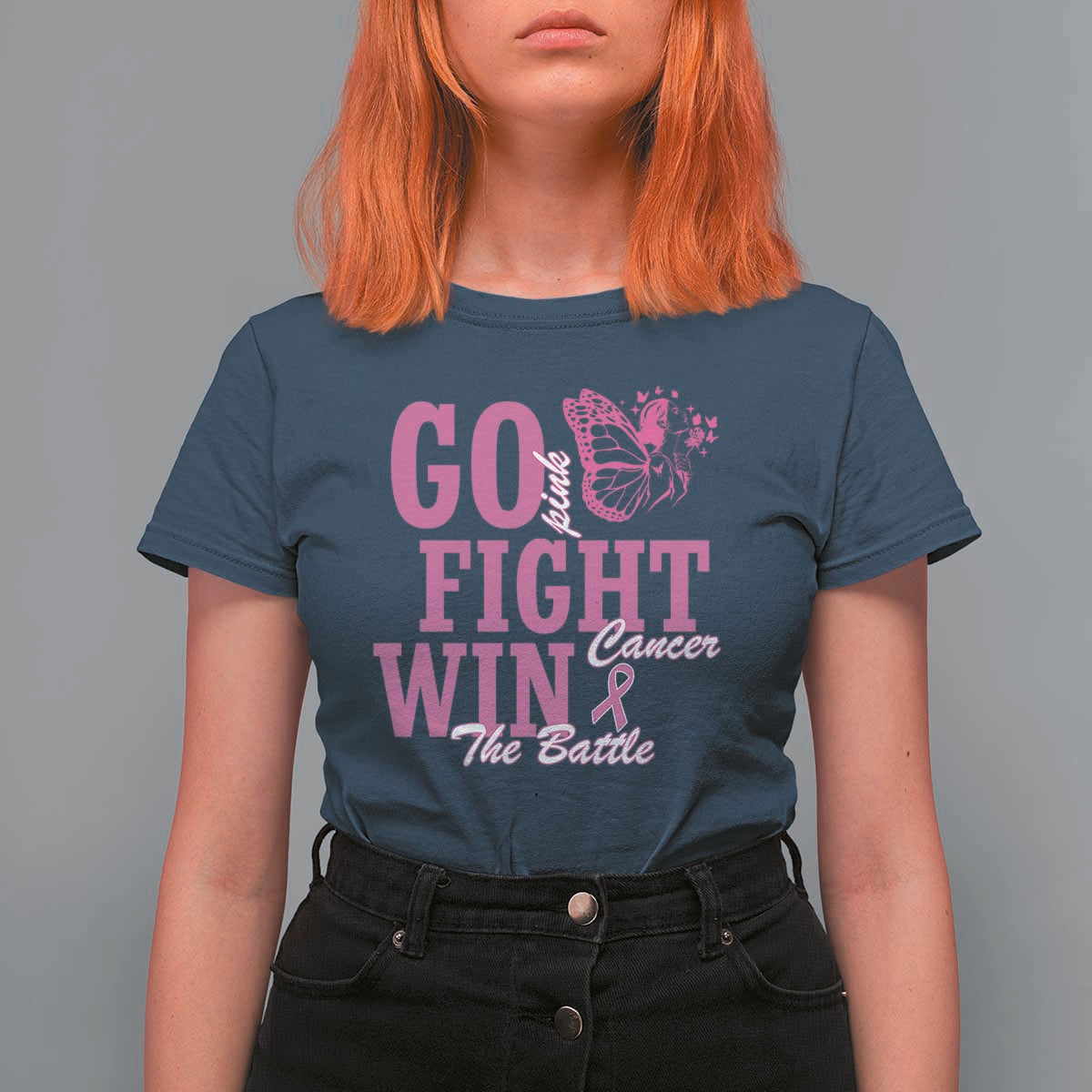 Breast Cancer Awareness T Shirt For Women Go Pink Fight Cancer Win The Battle Pink Ribbon Butterfly - Wonder Print Shop