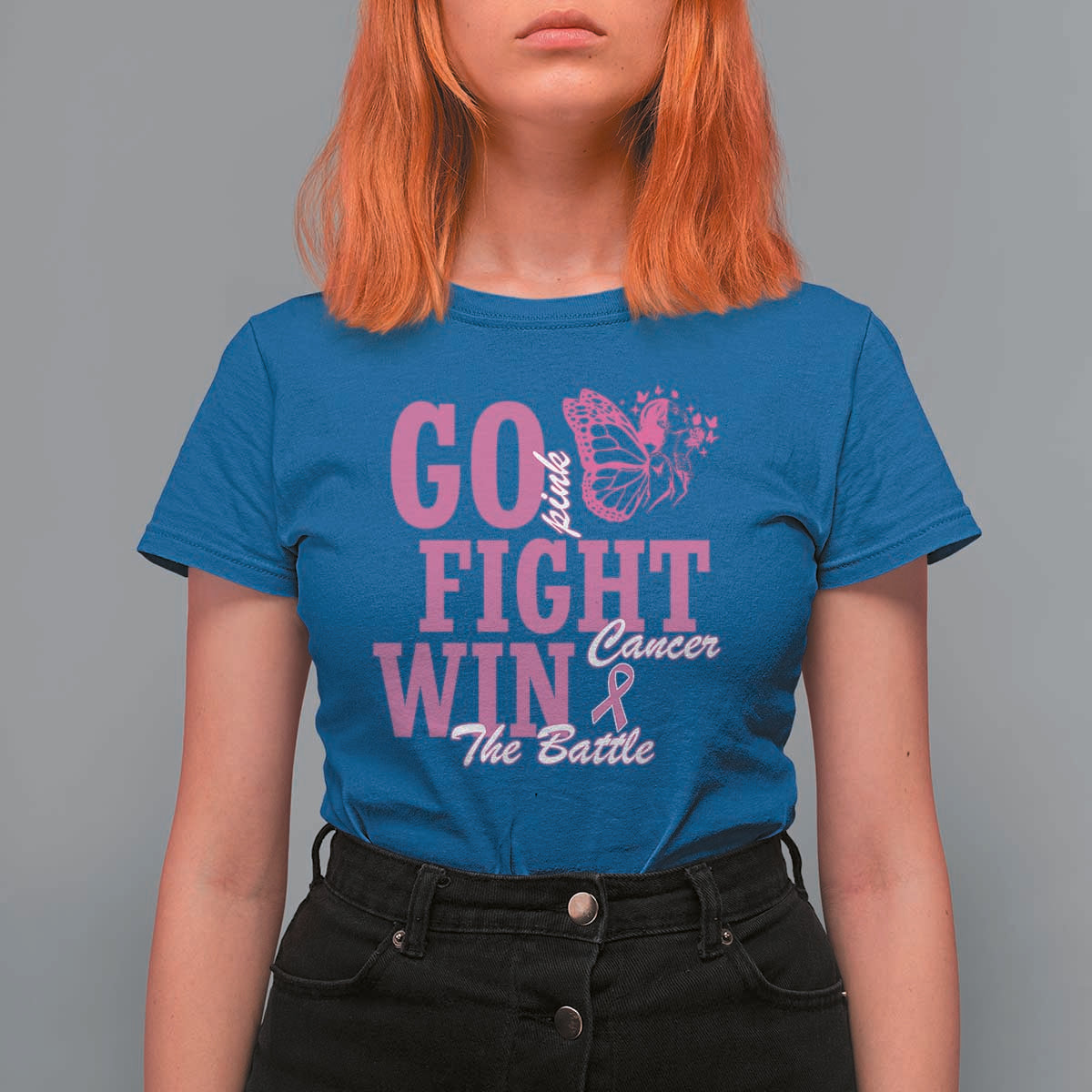 Breast Cancer Awareness T Shirt For Women Go Pink Fight Cancer Win The Battle Pink Ribbon Butterfly - Wonder Print Shop