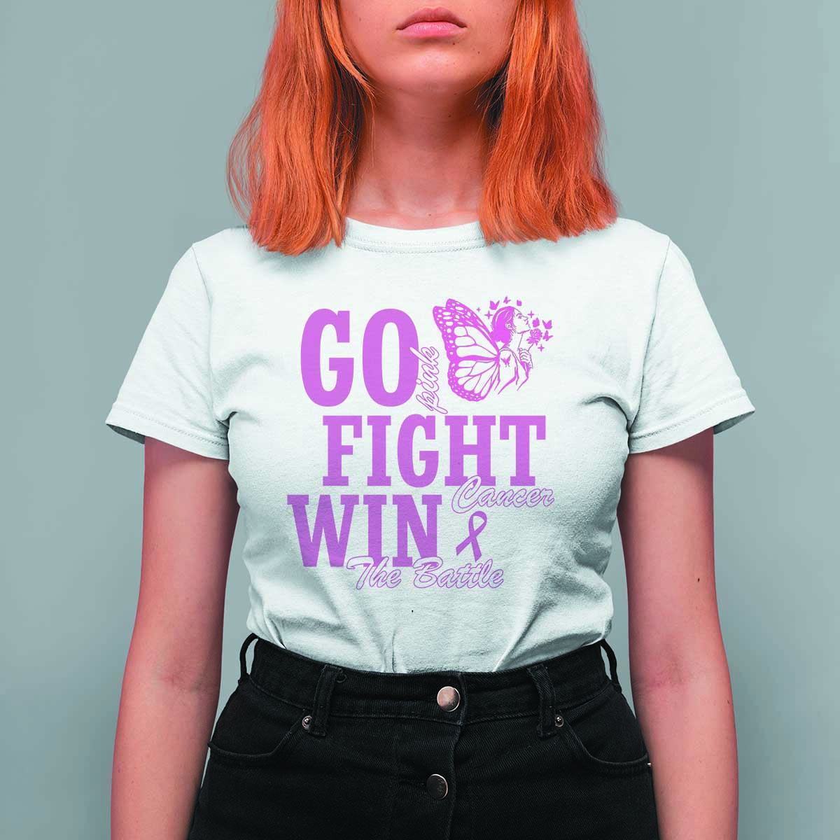 Breast Cancer Awareness T Shirt For Women Go Pink Fight Cancer Win The Battle Pink Ribbon Butterfly - Wonder Print Shop