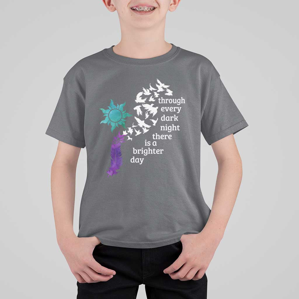 Suicide Prevention Awareness T Shirt For Kid Through Every Dark Night There Is A Brighter Day Semicolon Sun Feathers - Wonder Print Shop
