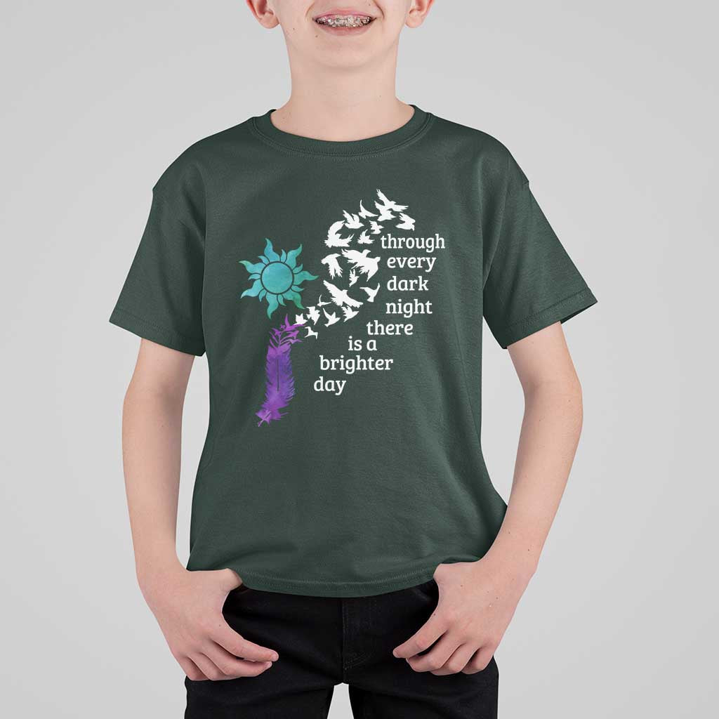 Suicide Prevention Awareness T Shirt For Kid Through Every Dark Night There Is A Brighter Day Semicolon Sun Feathers - Wonder Print Shop