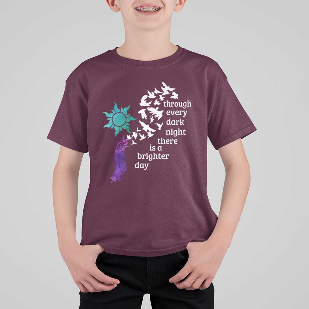 Suicide Prevention Awareness T Shirt For Kid Through Every Dark Night There Is A Brighter Day Semicolon Sun Feathers - Wonder Print Shop