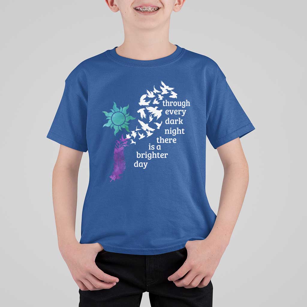 Suicide Prevention Awareness T Shirt For Kid Through Every Dark Night There Is A Brighter Day Semicolon Sun Feathers - Wonder Print Shop