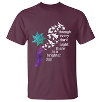Suicide Prevention Awareness T Shirt Through Every Dark Night There Is A Brighter Day Semicolon Sun Feathers - Wonder Print Shop