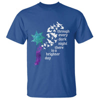 Suicide Prevention Awareness T Shirt Through Every Dark Night There Is A Brighter Day Semicolon Sun Feathers - Wonder Print Shop