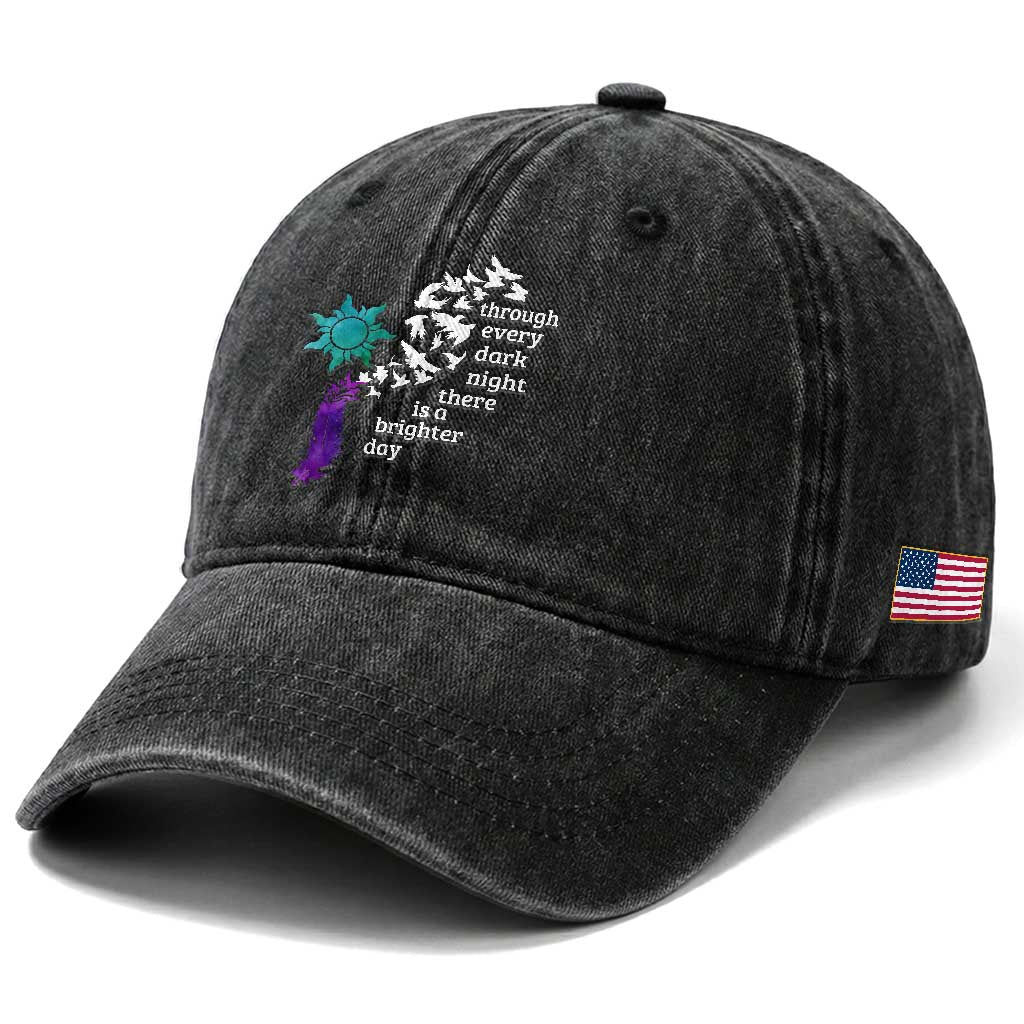 Suicide Prevention Awareness Washed Cotton Baseball Cap Through Every Dark Night There Is A Brighter Day Semicolon Sun Feathers