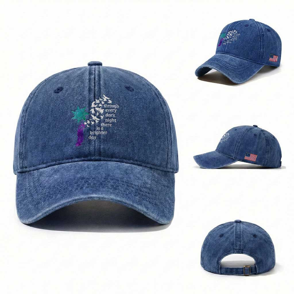 Suicide Prevention Awareness Washed Cotton Baseball Cap Through Every Dark Night There Is A Brighter Day Semicolon Sun Feathers