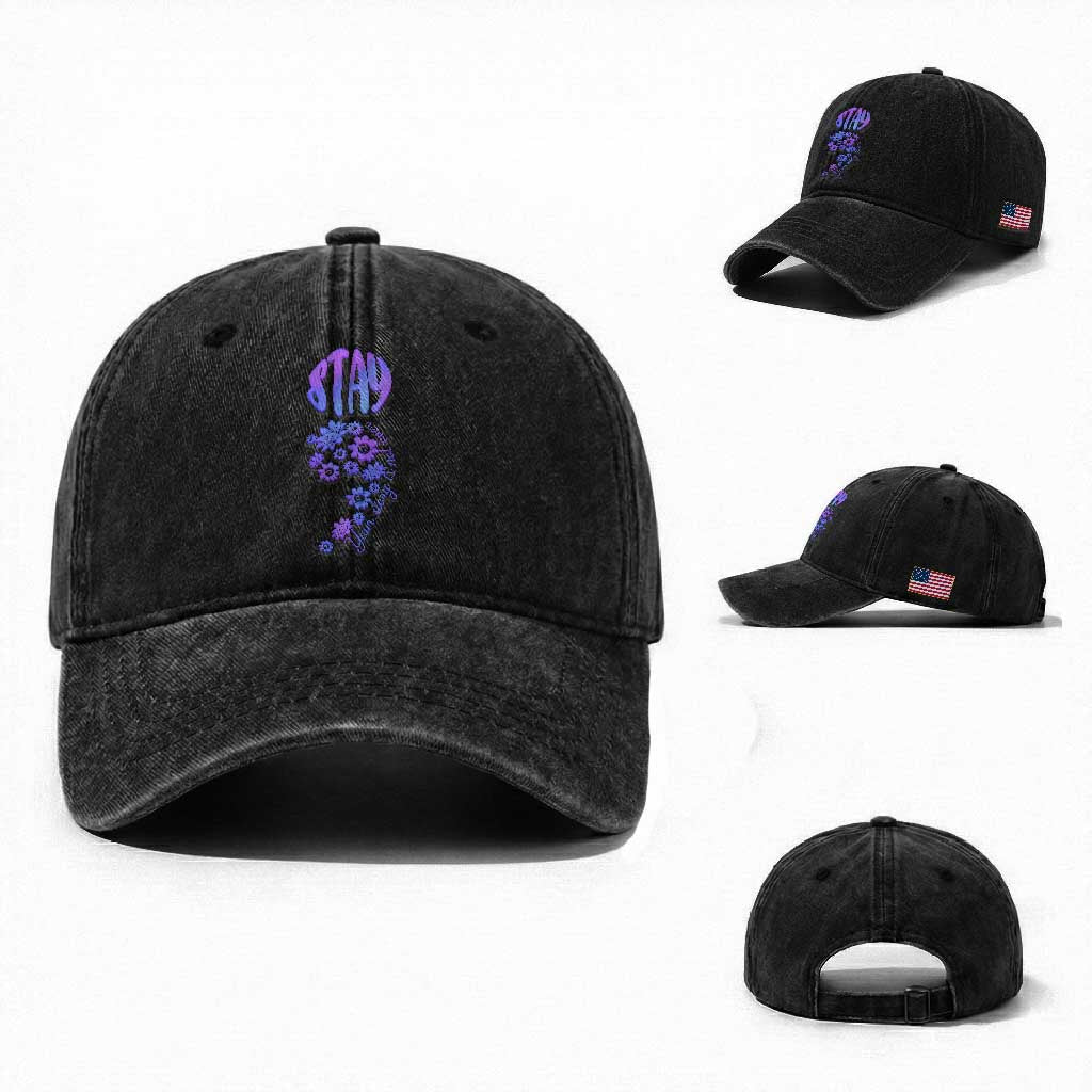 Suicide Prevention Awareness Washed Cotton Baseball Cap Stay Your Story Is Not Over Semicolon Flower
