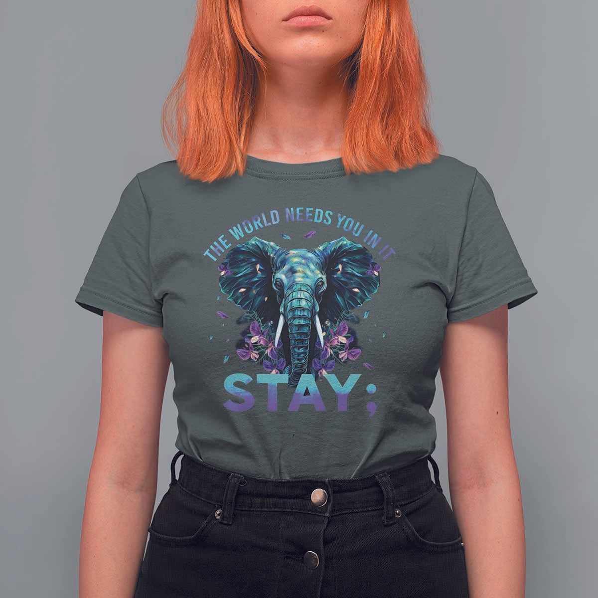 Suicide Prevention Awareness T Shirt For Women Stay The World Needs You In It Semicolon Elephant Flower - Wonder Print Shop