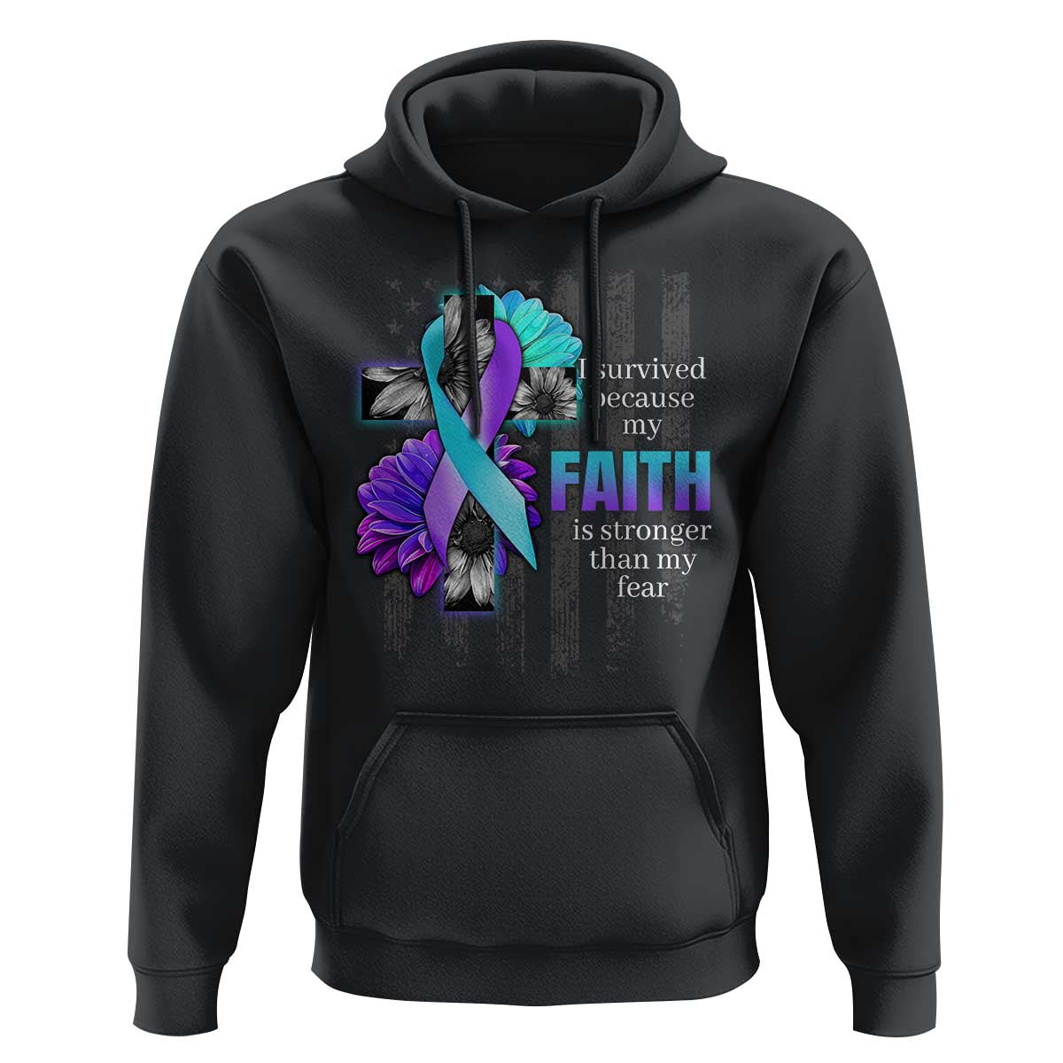 Suicide Prevention Awareness Hoodie I Survived Because My Faith Is Stronger Than My Fear Ribbon Flower USA Flag - Wonder Print Shop