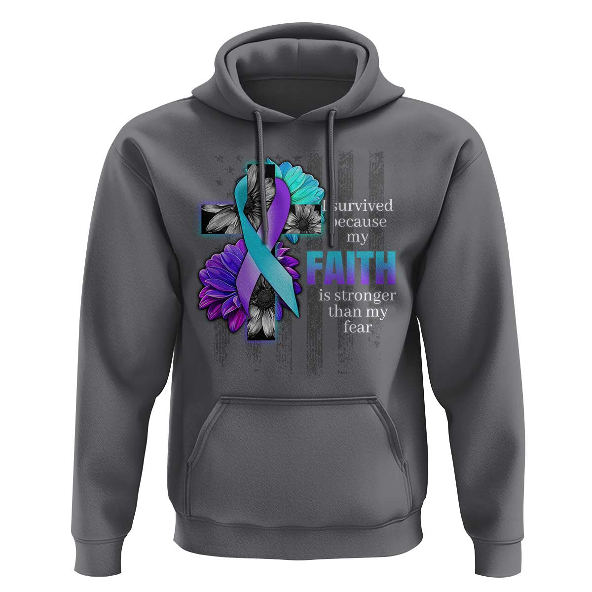Suicide Prevention Awareness Hoodie I Survived Because My Faith Is Stronger Than My Fear Ribbon Flower USA Flag - Wonder Print Shop