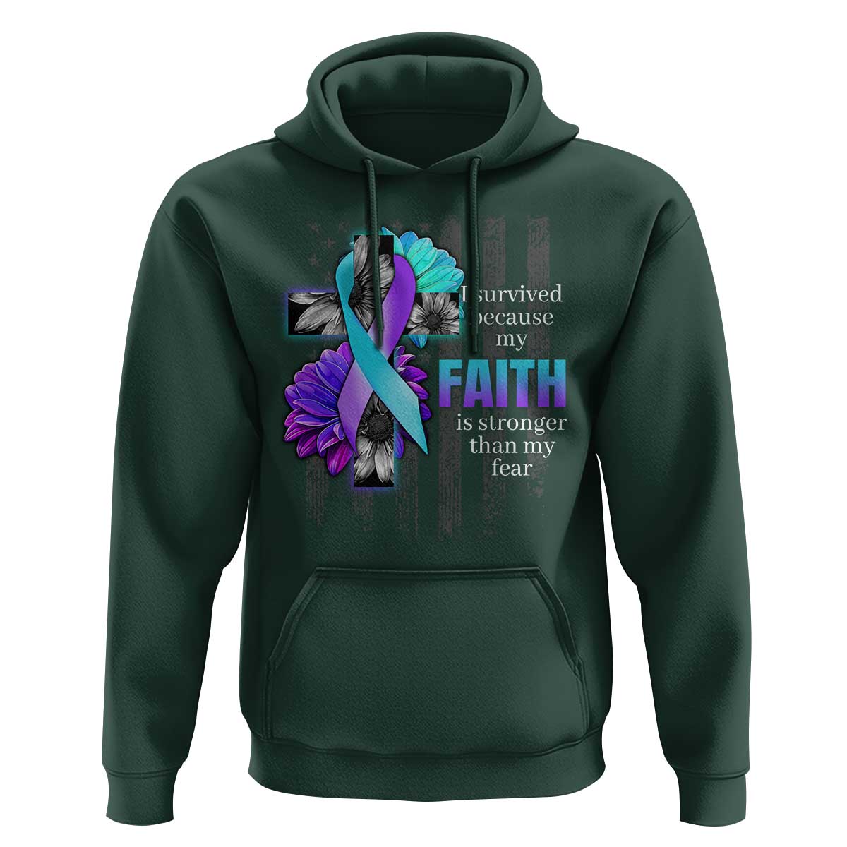 Suicide Prevention Awareness Hoodie I Survived Because My Faith Is Stronger Than My Fear Ribbon Flower USA Flag - Wonder Print Shop