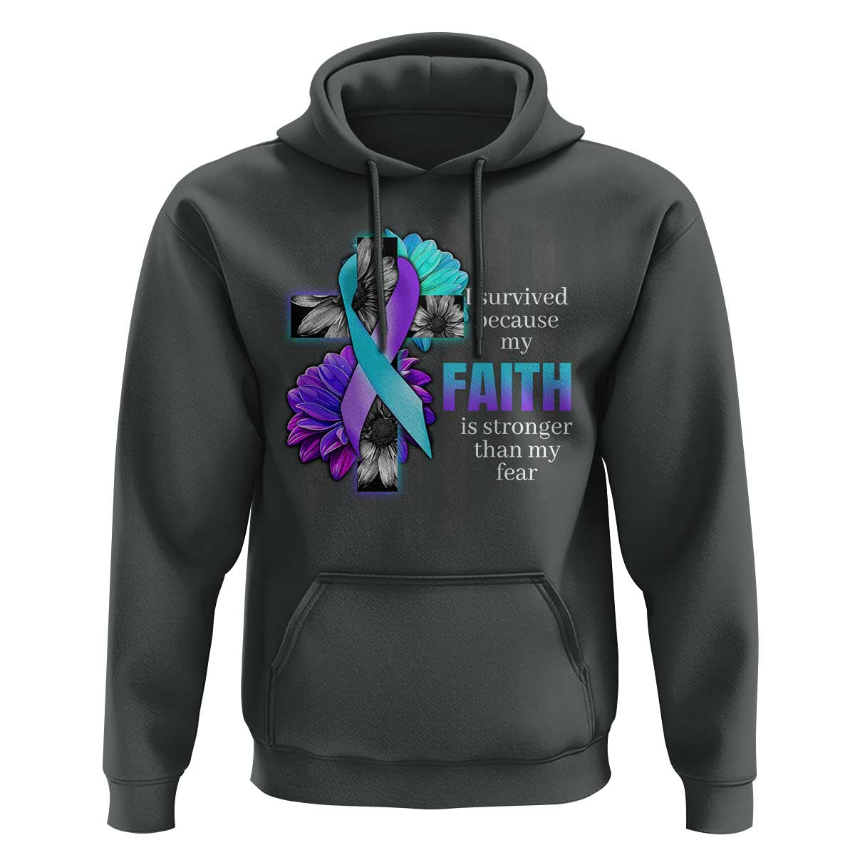 Suicide Prevention Awareness Hoodie I Survived Because My Faith Is Stronger Than My Fear Ribbon Flower USA Flag - Wonder Print Shop