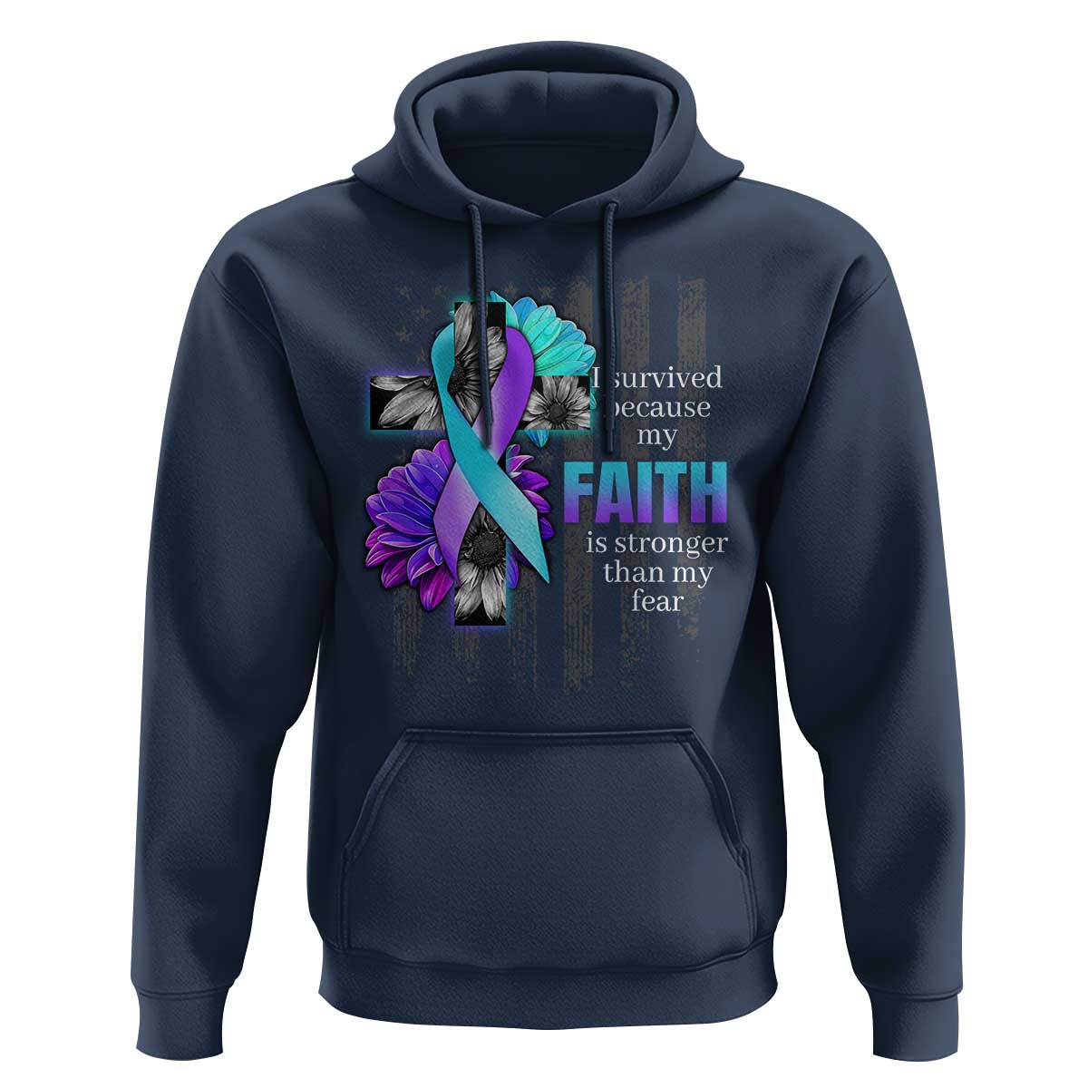 Suicide Prevention Awareness Hoodie I Survived Because My Faith Is Stronger Than My Fear Ribbon Flower USA Flag - Wonder Print Shop