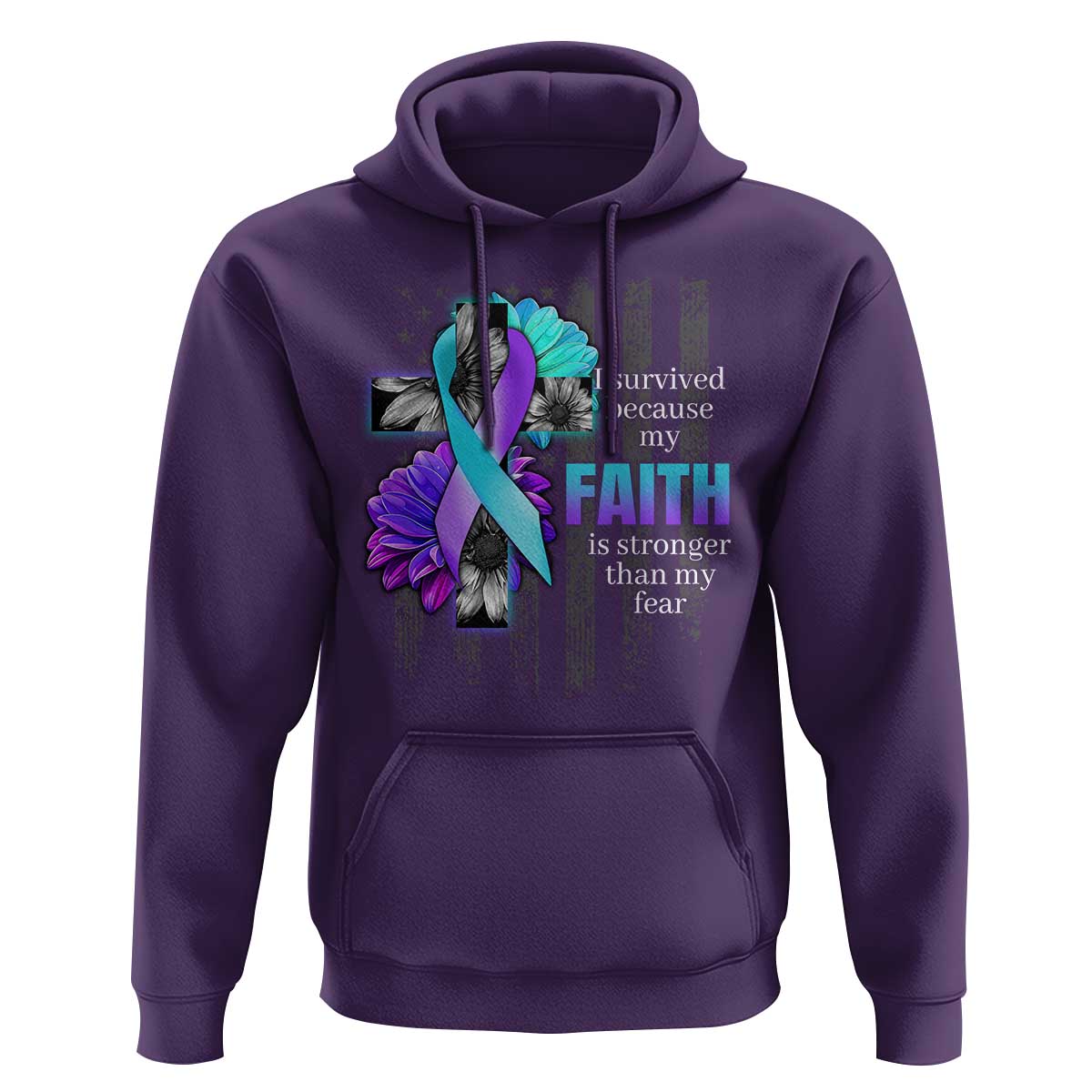 Suicide Prevention Awareness Hoodie I Survived Because My Faith Is Stronger Than My Fear Ribbon Flower USA Flag - Wonder Print Shop