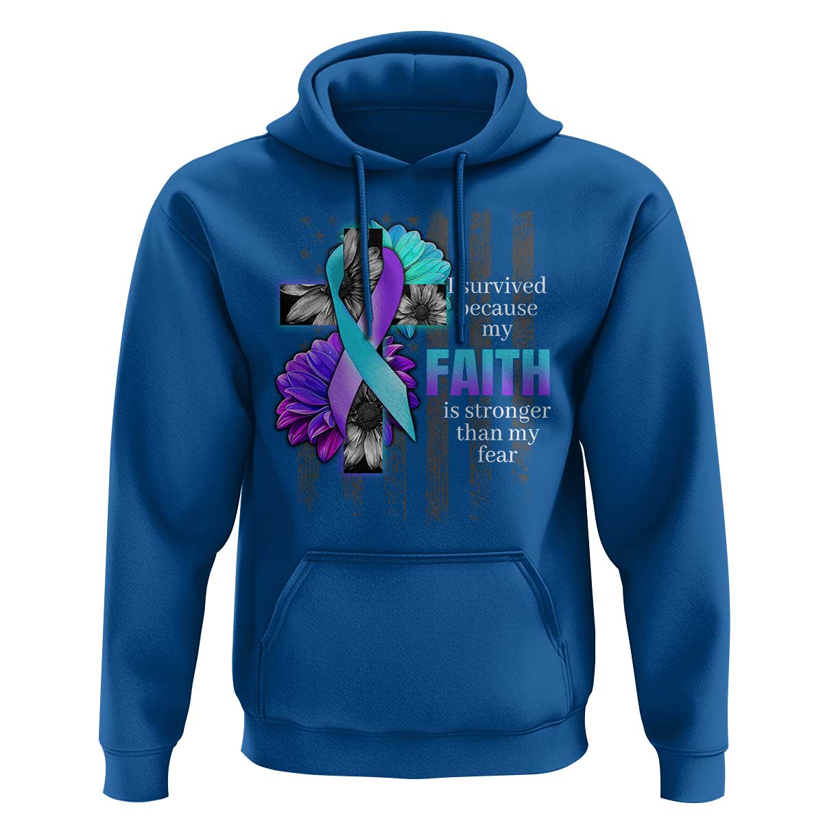 Suicide Prevention Awareness Hoodie I Survived Because My Faith Is Stronger Than My Fear Ribbon Flower USA Flag - Wonder Print Shop