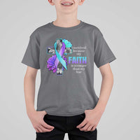 Suicide Prevention Awareness T Shirt For Kid I Survived Because My Faith Is Stronger Than My Fear Ribbon Flower USA Flag - Wonder Print Shop