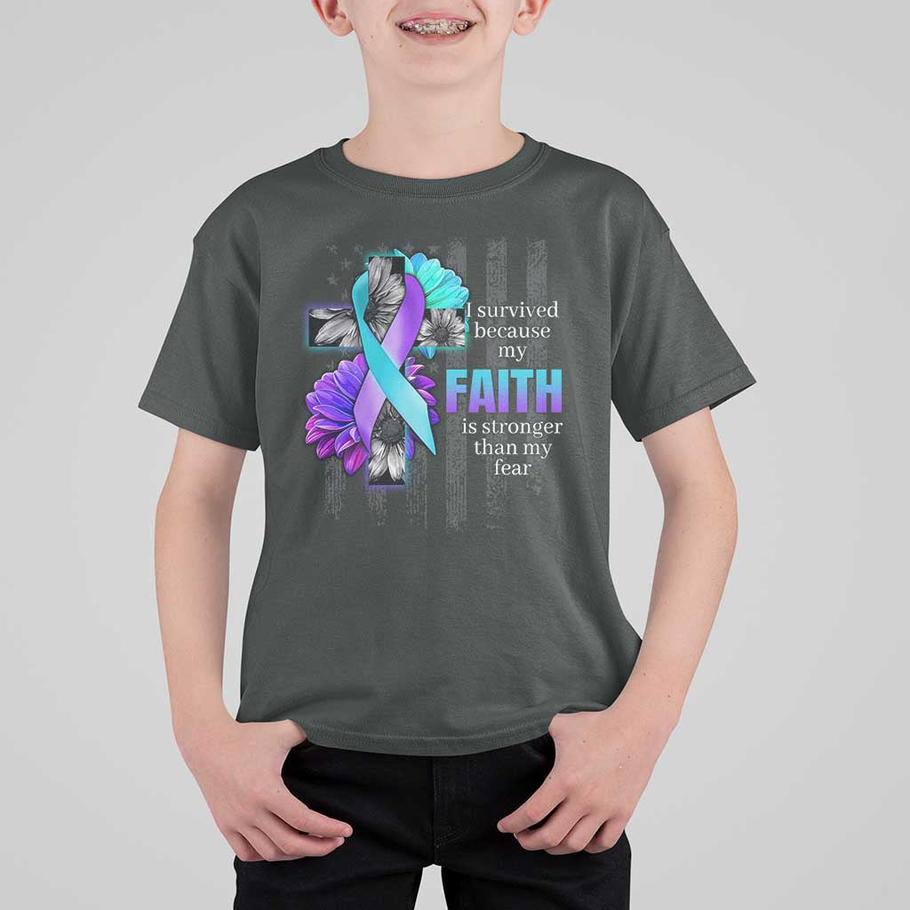 Suicide Prevention Awareness T Shirt For Kid I Survived Because My Faith Is Stronger Than My Fear Ribbon Flower USA Flag - Wonder Print Shop