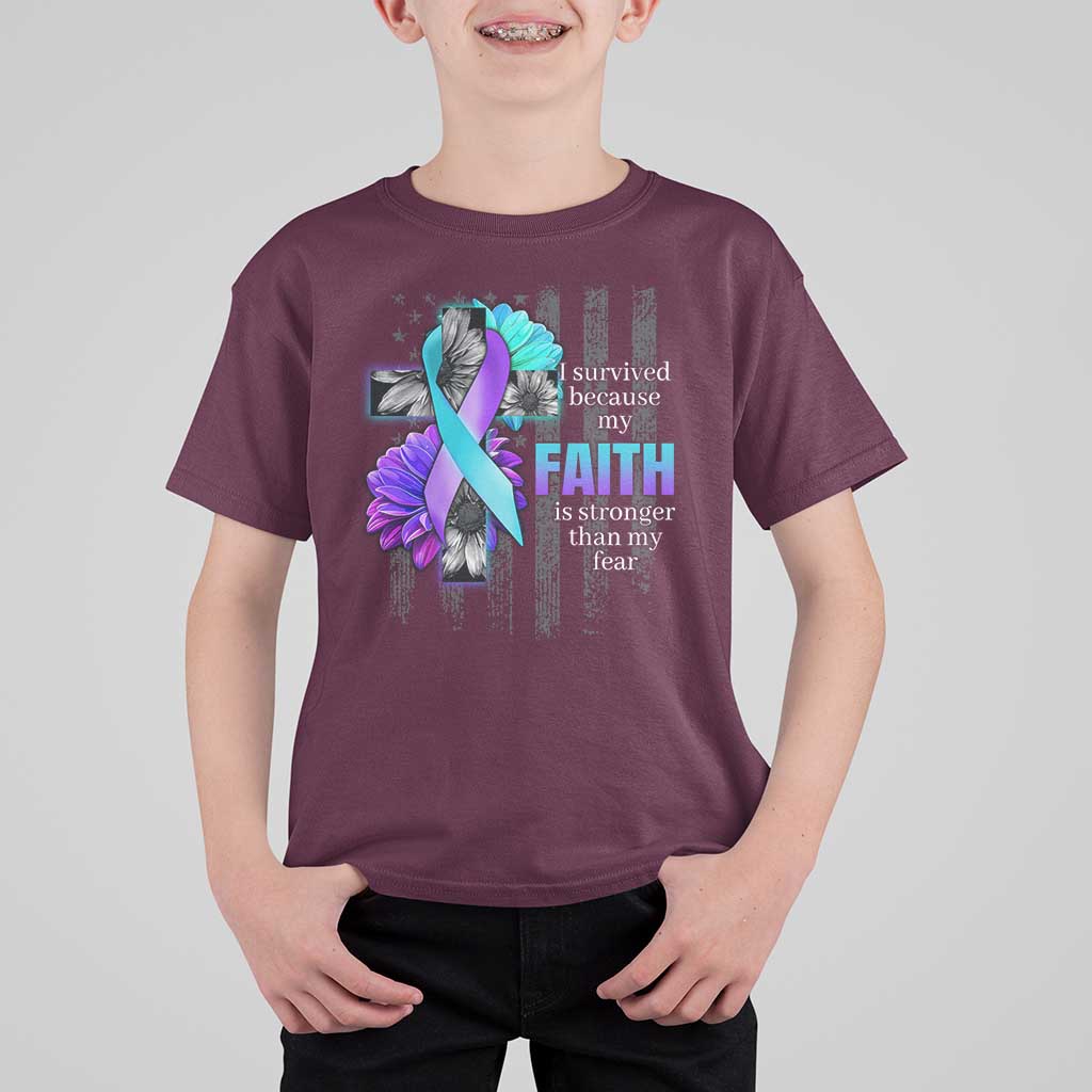 Suicide Prevention Awareness T Shirt For Kid I Survived Because My Faith Is Stronger Than My Fear Ribbon Flower USA Flag - Wonder Print Shop