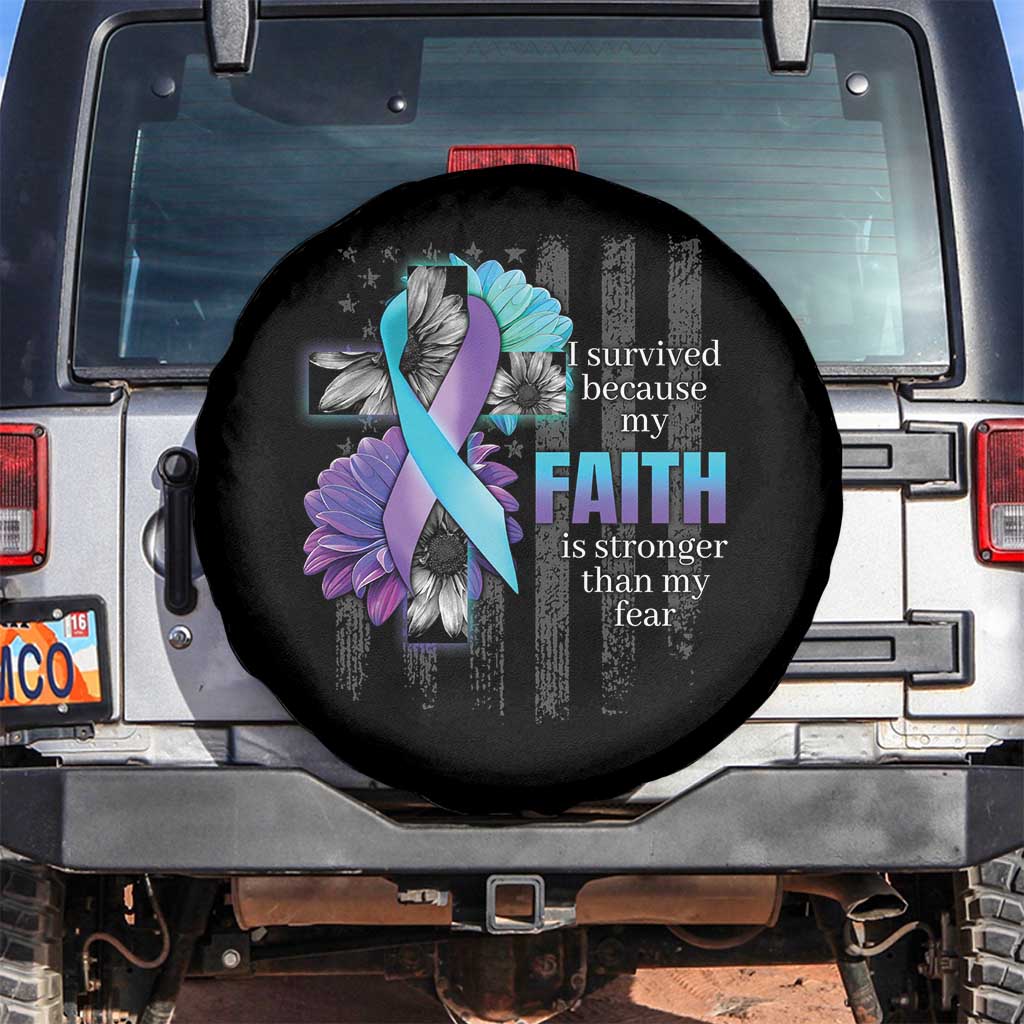 Suicide Prevention Awareness Spare Tire Cover I Survived Because My Faith Is Stronger Than My Fear Ribbon Flower USA Flag