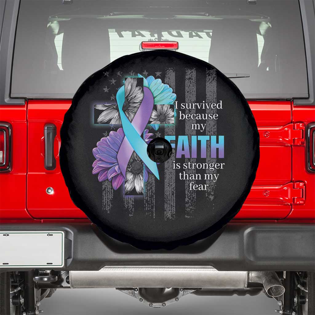 Suicide Prevention Awareness Spare Tire Cover I Survived Because My Faith Is Stronger Than My Fear Ribbon Flower USA Flag