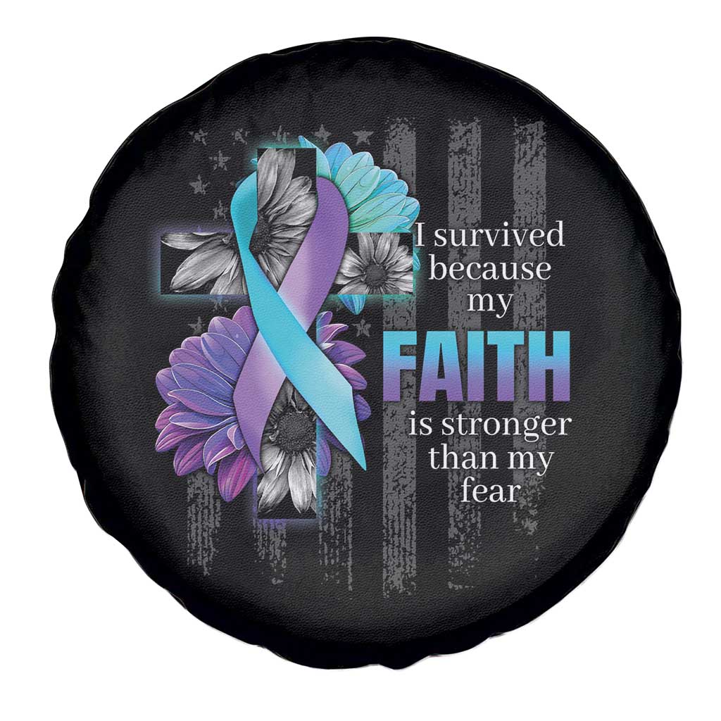 Suicide Prevention Awareness Spare Tire Cover I Survived Because My Faith Is Stronger Than My Fear Ribbon Flower USA Flag