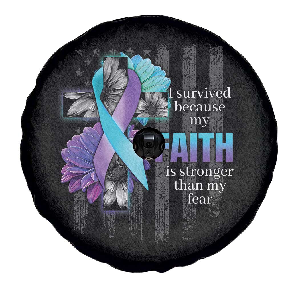 Suicide Prevention Awareness Spare Tire Cover I Survived Because My Faith Is Stronger Than My Fear Ribbon Flower USA Flag