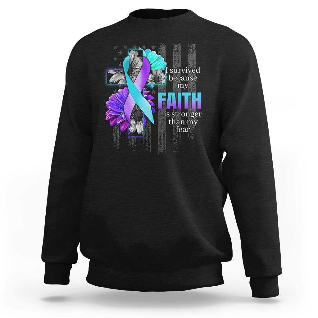 Suicide Prevention Awareness Sweatshirt I Survived Because My Faith Is Stronger Than My Fear Ribbon Flower USA Flag - Wonder Print Shop
