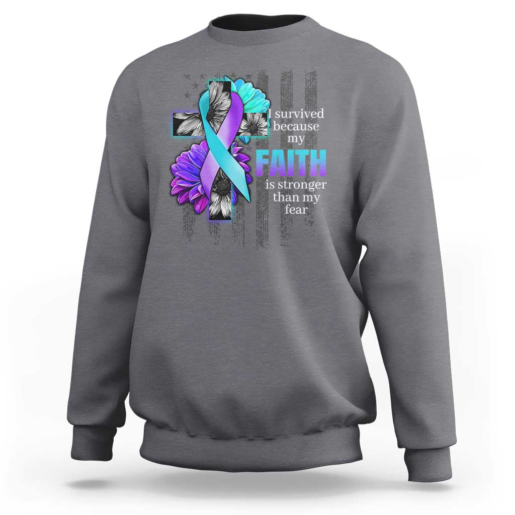 Suicide Prevention Awareness Sweatshirt I Survived Because My Faith Is Stronger Than My Fear Ribbon Flower USA Flag - Wonder Print Shop