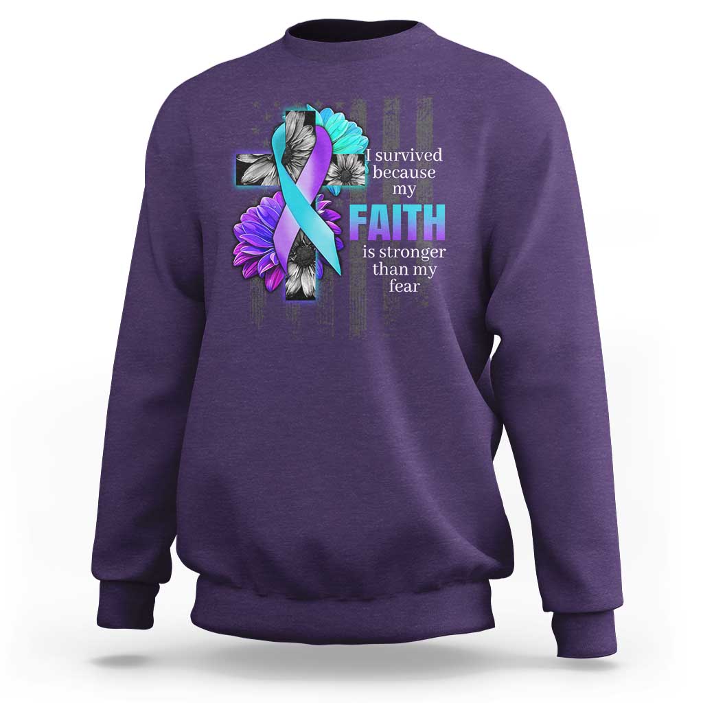Suicide Prevention Awareness Sweatshirt I Survived Because My Faith Is Stronger Than My Fear Ribbon Flower USA Flag - Wonder Print Shop