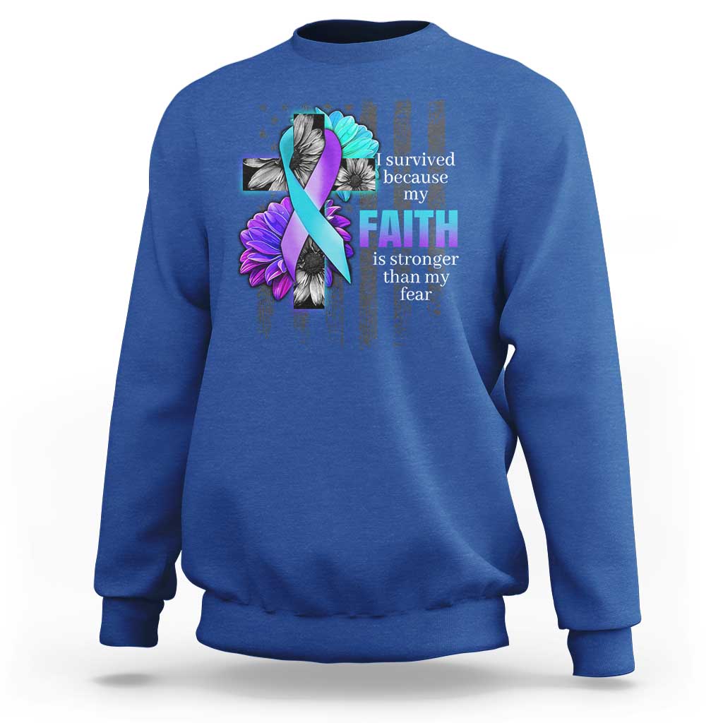 Suicide Prevention Awareness Sweatshirt I Survived Because My Faith Is Stronger Than My Fear Ribbon Flower USA Flag - Wonder Print Shop