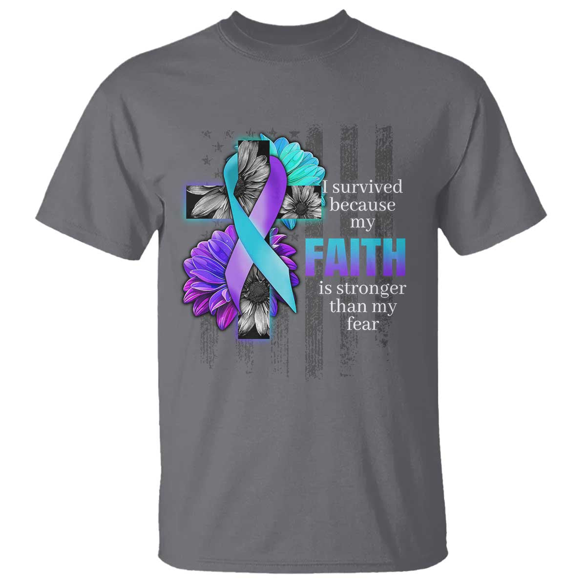 Suicide Prevention Awareness T Shirt I Survived Because My Faith Is Stronger Than My Fear Ribbon Flower USA Flag - Wonder Print Shop