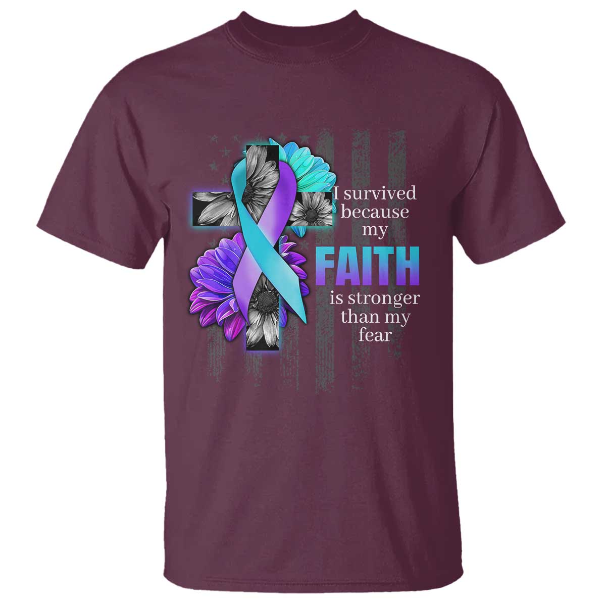 Suicide Prevention Awareness T Shirt I Survived Because My Faith Is Stronger Than My Fear Ribbon Flower USA Flag - Wonder Print Shop