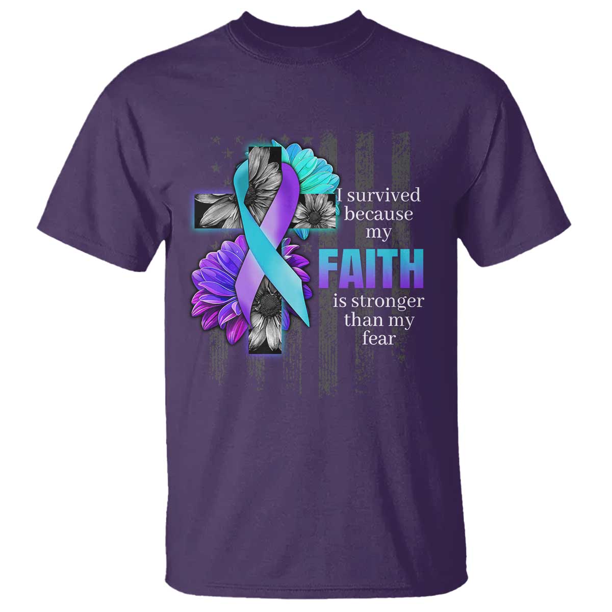 Suicide Prevention Awareness T Shirt I Survived Because My Faith Is Stronger Than My Fear Ribbon Flower USA Flag - Wonder Print Shop