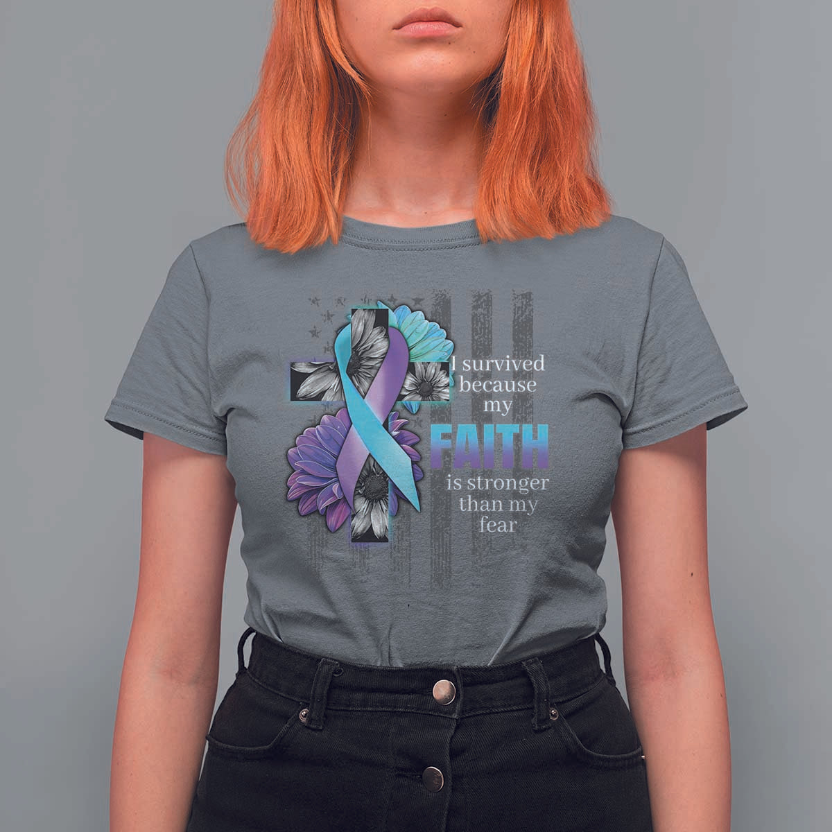Suicide Prevention Awareness T Shirt For Women I Survived Because My Faith Is Stronger Than My Fear Ribbon Flower USA Flag - Wonder Print Shop