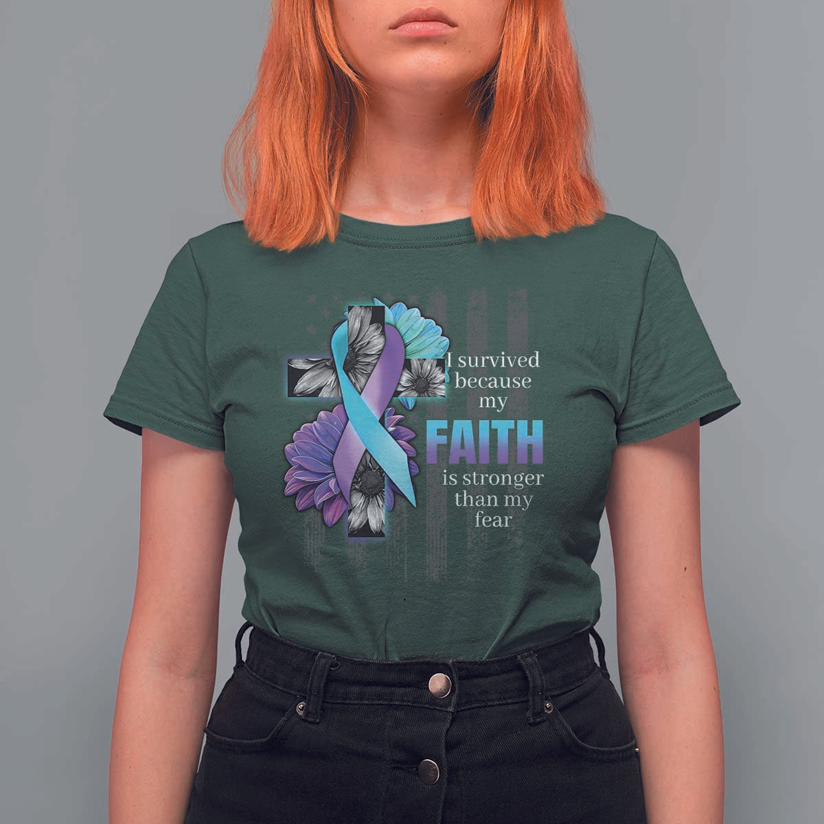 Suicide Prevention Awareness T Shirt For Women I Survived Because My Faith Is Stronger Than My Fear Ribbon Flower USA Flag - Wonder Print Shop