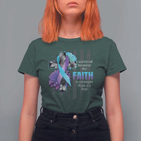 Suicide Prevention Awareness T Shirt For Women I Survived Because My Faith Is Stronger Than My Fear Ribbon Flower USA Flag - Wonder Print Shop