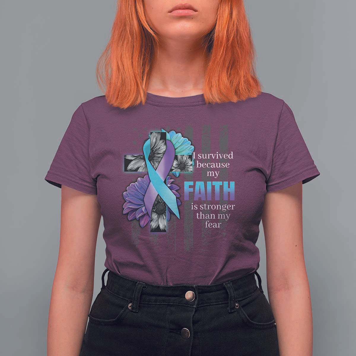 Suicide Prevention Awareness T Shirt For Women I Survived Because My Faith Is Stronger Than My Fear Ribbon Flower USA Flag - Wonder Print Shop
