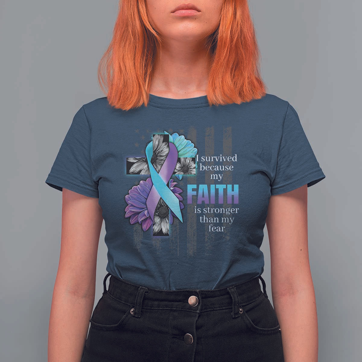 Suicide Prevention Awareness T Shirt For Women I Survived Because My Faith Is Stronger Than My Fear Ribbon Flower USA Flag - Wonder Print Shop