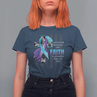Suicide Prevention Awareness T Shirt For Women I Survived Because My Faith Is Stronger Than My Fear Ribbon Flower USA Flag - Wonder Print Shop