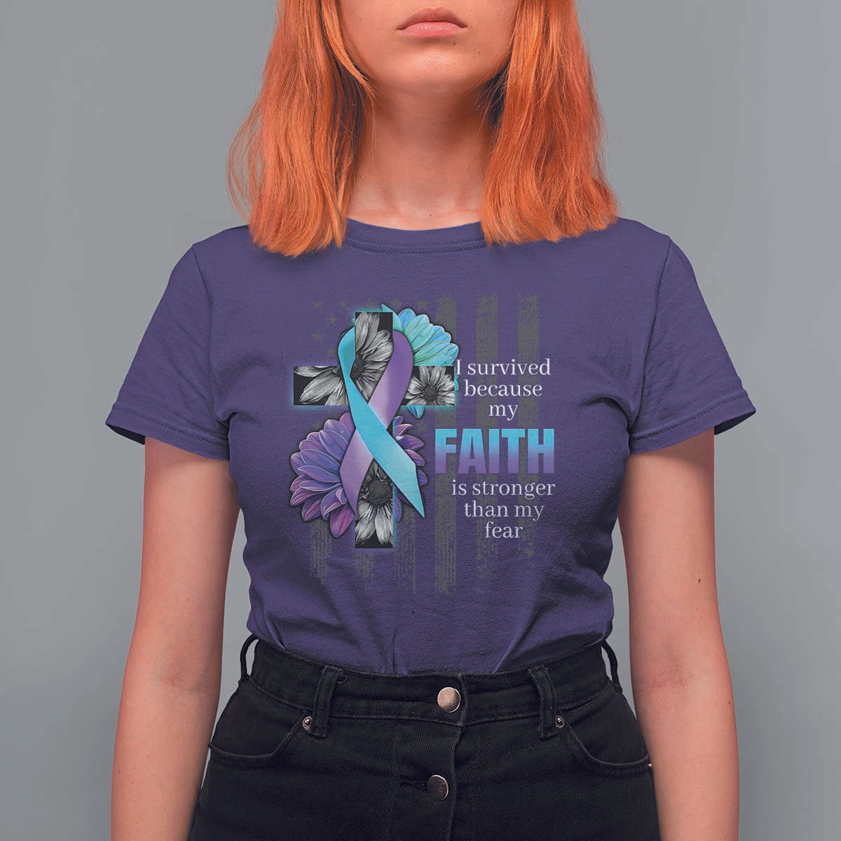 Suicide Prevention Awareness T Shirt For Women I Survived Because My Faith Is Stronger Than My Fear Ribbon Flower USA Flag - Wonder Print Shop