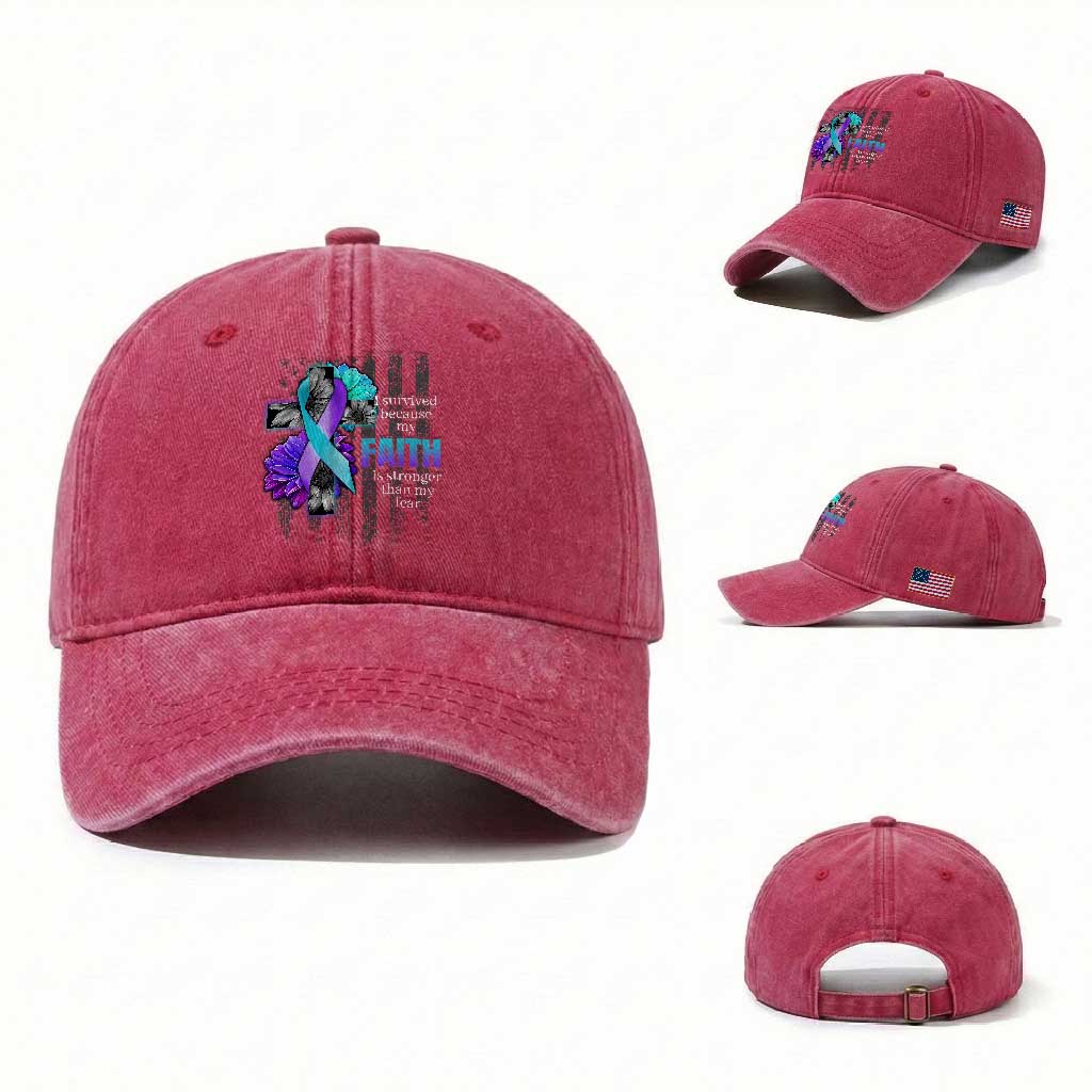 Suicide Prevention Awareness Washed Cotton Baseball Cap I Survived Because My Faith Is Stronger Than My Fear Ribbon Flower USA Flag