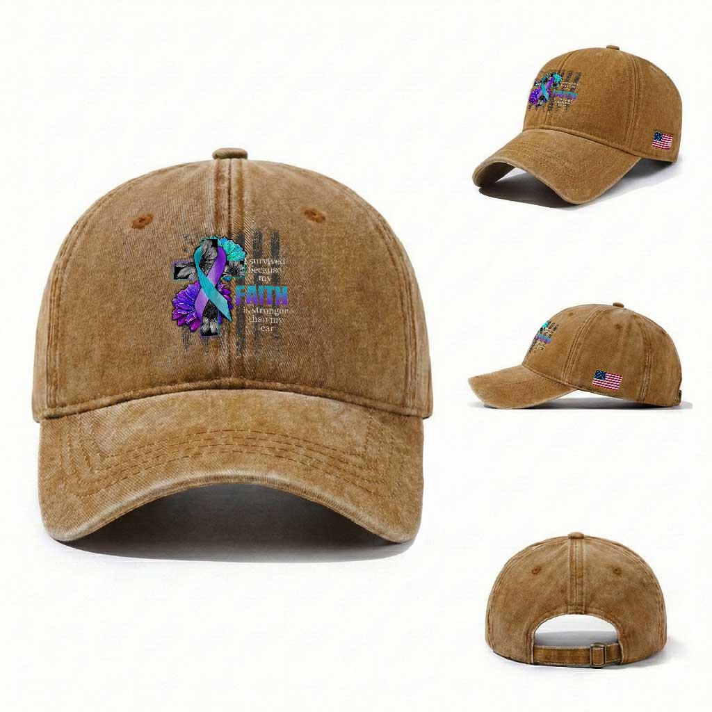 Suicide Prevention Awareness Washed Cotton Baseball Cap I Survived Because My Faith Is Stronger Than My Fear Ribbon Flower USA Flag