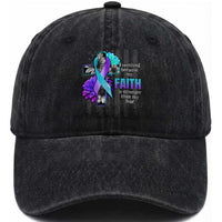 Suicide Prevention Awareness Washed Cotton Baseball Cap I Survived Because My Faith Is Stronger Than My Fear Ribbon Flower USA Flag