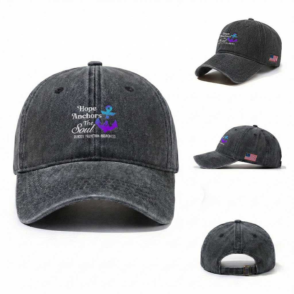Suicide Prevention Awareness Washed Cotton Baseball Cap Hope Anchors The Soul Teal And Purple Semicolon